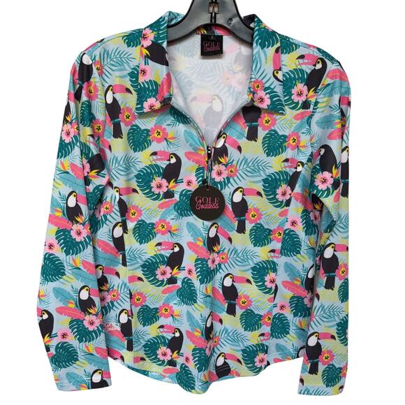 Golf Goddess NWT Bright Tropical Toucan Themed Quarter Zip Pullover size S - Picture 6 of 9